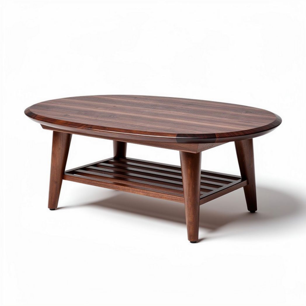 Lichte houten salontafel met ronde bovenkant en onderste plank 120 x 80 x 45cm