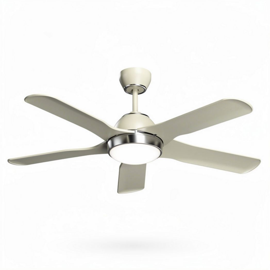 Vermijd ventilator met vijf bladen van metaal en kunststof in wit met geïntegreerde verlichting